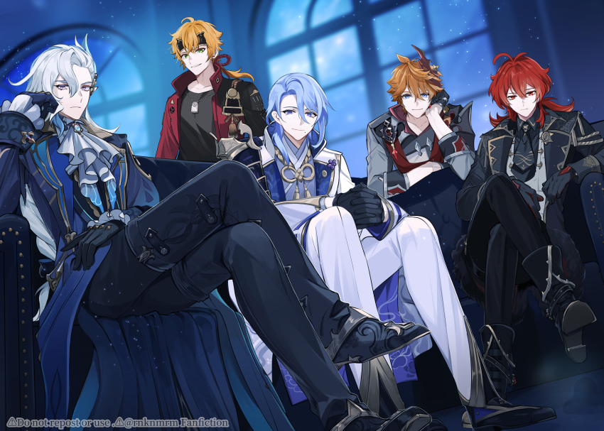 5boys ahoge aiguillette antenna_hair armor artist_name ascot asymmetrical_bangs black_bow black_footwear black_gloves black_necktie black_pants black_shirt blonde_hair blue_coat blue_eyes blue_footwear blue_gemstone blue_gloves blue_hair blue_pants blurry blurry_background boots bow brooch closed_mouth coat collared_coat collared_shirt commentary_request couch cropped_jacket crossed_bangs crossed_legs diluc_(genshin_impact) dog_tags earrings elbow_rest expressionless fake_horns floating_earrings frilled_sleeves frills fur-trimmed_coat fur_trim gaiters gem genshin_impact gloves gold_trim green_eyes grey_jacket hair_between_eyes hair_bow hair_intakes hair_over_shoulder half_gloves hand_up head_rest headband highres hiki_yuichi horned_headwear horns indoors interlocked_fingers jacket japanese_armor japanese_clothes jewelry kamisato_ayato kimono lapels light_particles long_hair long_sleeves looking_at_viewer low-tied_long_hair low_ponytail male_focus mask mask_on_head medium_hair mole mole_under_mouth multicolored_hair multiple_boys necklace necktie neuvillette_(genshin_impact) on_couch open_clothes open_coat open_jacket orange_hair own_hands_together pants parted_bangs parted_lips ponytail popped_collar purple_eyes purple_kimono red_eyes red_gloves red_hair red_jacket red_mask red_shirt rope shirt shoes short_hair short_necktie shoulder_armor sidelocks single_earring single_sode sitting sleeve_cuffs sleeves_rolled_up smile sode standing streaked_hair stud_earrings swept_bangs tartaglia_(genshin_impact) tassel thoma_(genshin_impact) twitter_username two-tone_gloves very_long_hair vest watermark white_ascot white_hair white_jacket white_pants white_vest window wing_collar