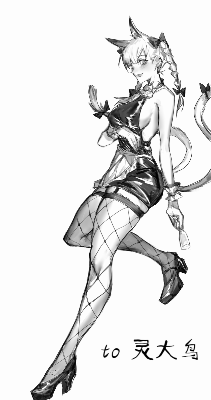 1girl absurdres animal_ears arm_under_breasts bare_shoulders blush bow braid breasts cat_ears cat_tail closed_mouth commentary_request ear_piercing earrings extra_ears eyelashes fishnet_thighhighs fishnets full_body garter_straps greyscale hair_between_eyes hair_ribbon heinrich_(fernanderuddle) high_heels highres holding jewelry kaenbyou_rin large_breasts long_hair looking_at_viewer monochrome multiple_tails nekomata parted_lips piercing ribbon sideboob simple_background smile solo standing standing_on_one_leg tail tail_bow tail_ornament thighhighs touhou tress_ribbon twin_braids two_tails white_background wrist_cuffs