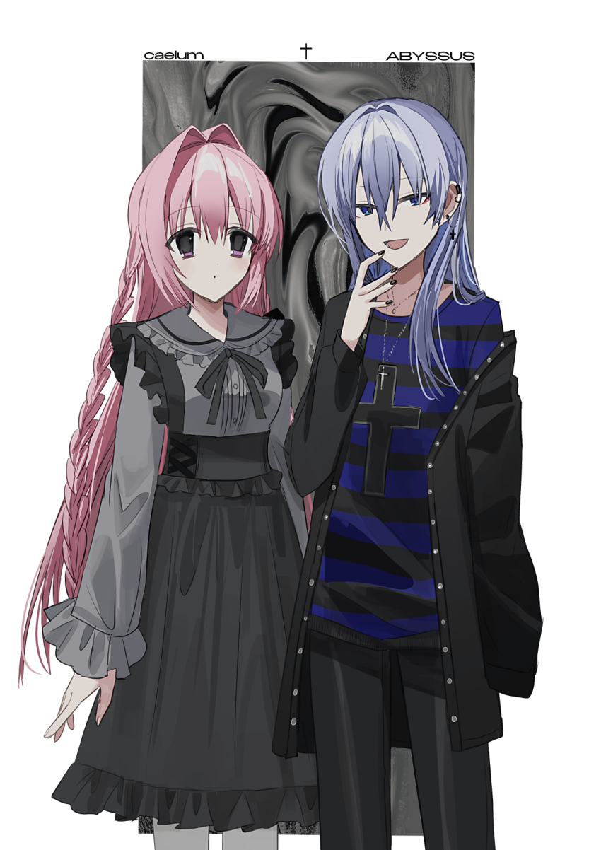 2girls :d black_jacket black_nails black_pants black_ribbon black_skirt blue_eyes braid chihuri closed_mouth collared_shirt commentary_request dress_shirt ear_piercing ende_(chihuri) frilled_shirt_collar frilled_skirt frills grey_hair grey_shirt hair_between_eyes hair_intakes hand_up high-waist_skirt highres jacket long_hair long_sleeves multiple_girls nail_polish nea_(chihuri) neck_ribbon open_clothes open_jacket open_mouth original pants pantyhose piercing pink_hair puffy_long_sleeves puffy_sleeves purple_eyes ribbon shirt skirt sleeves_past_fingers sleeves_past_wrists smile standing striped_clothes striped_shirt twin_braids very_long_hair white_pantyhose