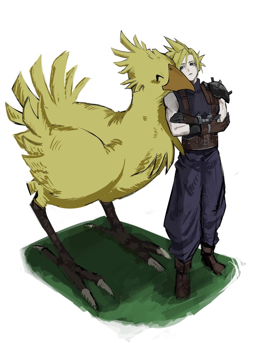 1boy absurdres armor armored_gloves baggy_pants belt bird blonde_hair blue_eyes blue_pants blue_shirt boots brown_belt brown_boots cho5782 chocobo closed_eyes cloud_strife crossed_arms feathers final_fantasy final_fantasy_vii full_body hair_between_eyes highres male_focus pants pauldrons shirt short_hair shoulder_armor single_bare_shoulder single_pauldron sleeveless sleeveless_turtleneck spiked_hair standing suspenders talons turtleneck white_background yellow_feathers