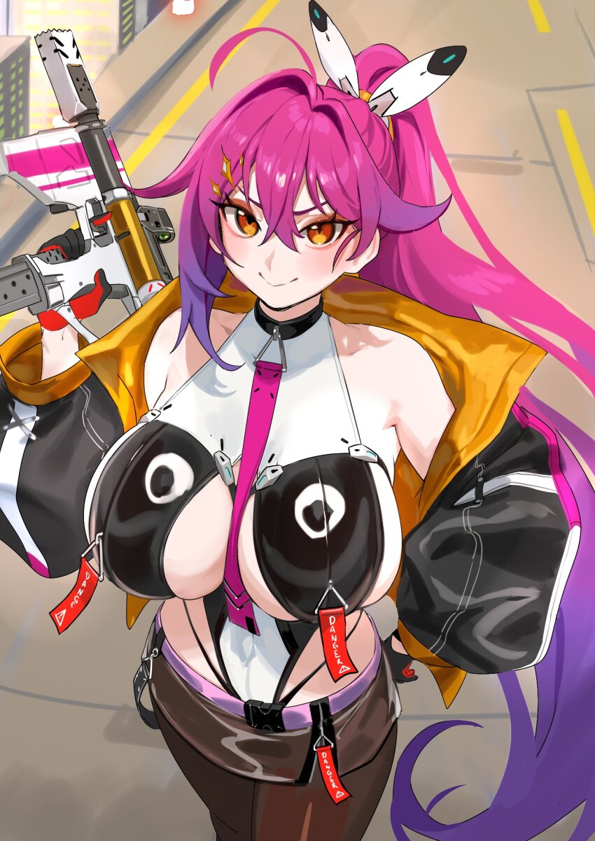 1girl blush borrowed_character breasts gun hair_ornament highres holding holding_gun holding_weapon huge_breasts leotard long_hair looking_at_viewer multicolored_leotard new_(lk) nia_(nia4294) original pink_hair ponytail second-party_source side_ponytail smile thighs weapon