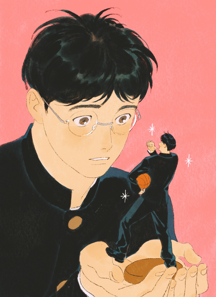 1boy ball basketball_(object) black_hair black_jacket black_pants brown_eyes character_doll chengongzi123 chinese_commentary commentary_request gakuran glasses hands_up highres holding holding_ball in_palm jacket kogure_kiminobu long_sleeves male_focus open_mouth pants parted_lips pink_background pointing pointing_at_self round_eyewear school_uniform short_hair simple_background slam_dunk_(series) sparkle sparkling_aura upper_body very_short_hair