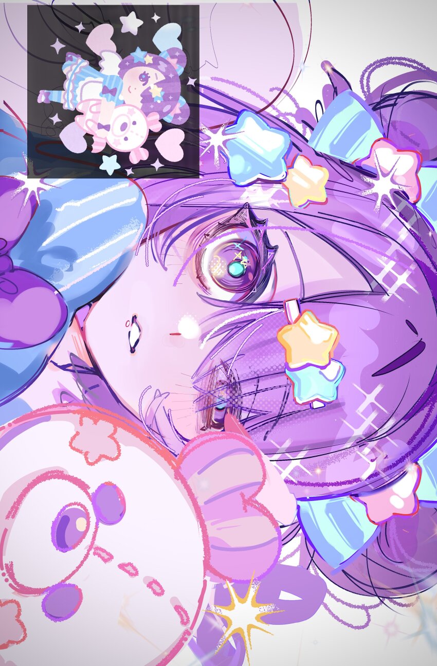 1girl absurdres bad_id bad_twitter_id blue_bow bow double_bun hair_bow hair_bun hair_ornament hair_over_one_eye half-closed_eye highres holding holding_stuffed_toy irasutoya irasutoya_challenge looking_at_viewer nept_o purple_eyes purple_hair reference_inset short_hair sideways smile sparkle star_(symbol) star_hair_ornament stuffed_animal stuffed_toy teddy_bear uneven_eyes upper_body white_background white_wings wings yume_kawaii yumekawa_joshi_(irasutoya)