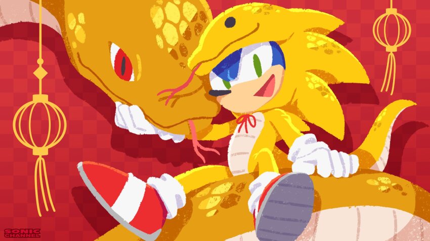 animal_costume blue_fur body_fur chinese_zodiac gold_snake green_eyes highres official_art red_background red_footwear simple_background snake_costume sonic_(series) sonic_the_hedgehog sonic_the_hedgehog_official year_of_the_snake yellow_scales