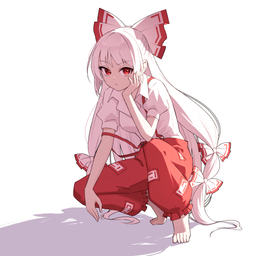 1girl :/ barefoot bow breasts closed_mouth commentary_request dot_nose expressionless frills fujiwara_no_mokou full_body hair_bow hand_on_own_cheek hand_on_own_face hand_up highres long_hair looking_at_viewer medium_breasts multi-tied_hair oeyama ofuda ofuda_on_clothes pants puffy_short_sleeves puffy_sleeves red_eyes red_pants shadow shirt short_sleeves simple_background solo squatting strap_slip suspenders toes touhou upturned_eyes very_long_hair white_background white_bow white_hair white_shirt wing_collar