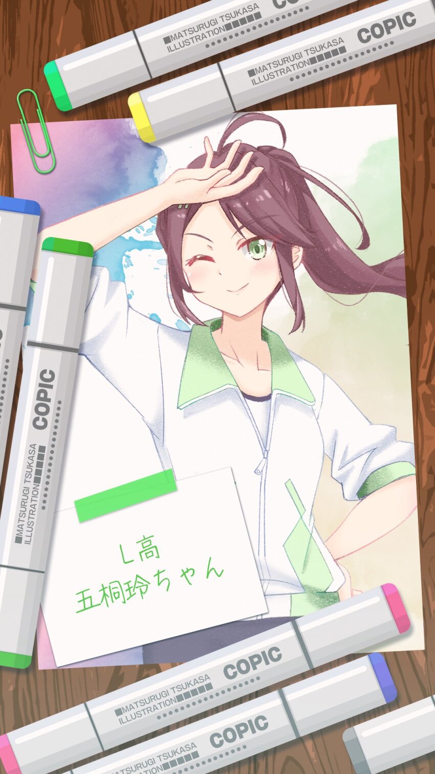 1girl alt_text arm_up artist_name bike_shorts black_shorts brown_hair character_name closed_mouth collarbone commentary_request copic_(brand) cowboy_shot drop_shadow floating_hair goto_akira green_background green_eyes hand_on_own_hip highres ikizulive!_love_live!_bluebird jacket long_hair looking_at_viewer love_live! marker matsurugi_tsukasa paperclip ponytail shirt short_sleeves shorts sidelocks sleeves_pushed_up smile solo split_mouth white_jacket white_shirt