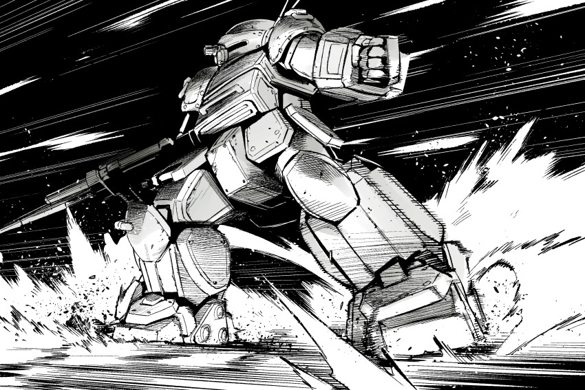 armored_trooper clenched_hand commentary_request fighting_stance greyscale gun highres holding holding_gun holding_weapon kato_takuji looking_to_the_side mecha mecha_focus monochrome no_humans radio_antenna robot science_fiction scopedog solo soukou_kihei_votoms weapon