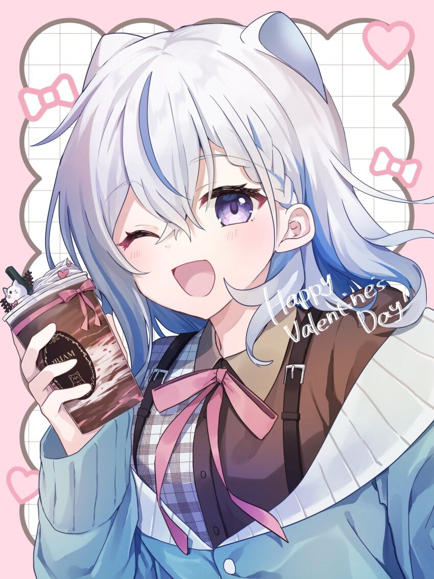 1girl ;d animal_ears blue_hair blue_jacket blush braid brown_shirt collared_shirt commentary_request cream drink grey_hair grid hair_between_eyes happy_valentine heart highres holding holding_drink iriam jacket label miria_(iriam) multicolored_hair one_eye_closed open_mouth pink_ribbon purple_eyes ribbon second-party_source shirase_(shirose) shirasu_(iriam) shirt smile solo streaked_hair valentine