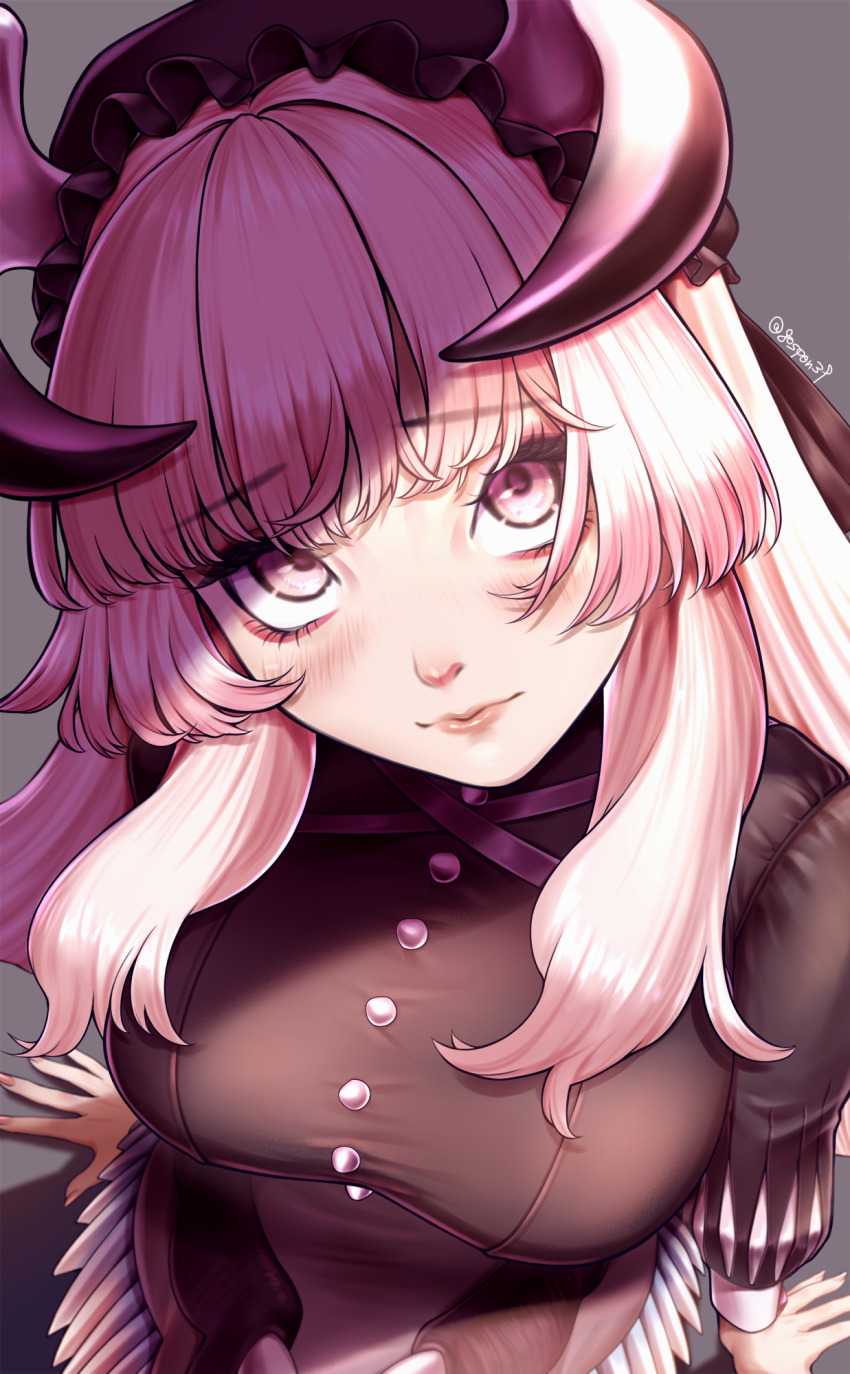 1girl blush breasts chamber_dragonmaid closed_mouth dragon_girl dragon_horns dragon_wings duel_monster feathered_wings goston500 hands_on_ground highres horns large_breasts lips long_hair long_sleeves looking_at_viewer maid_headdress pink_eyes pink_nails puffy_long_sleeves puffy_sleeves smile solo twitter_username white_hair wings yu-gi-oh!