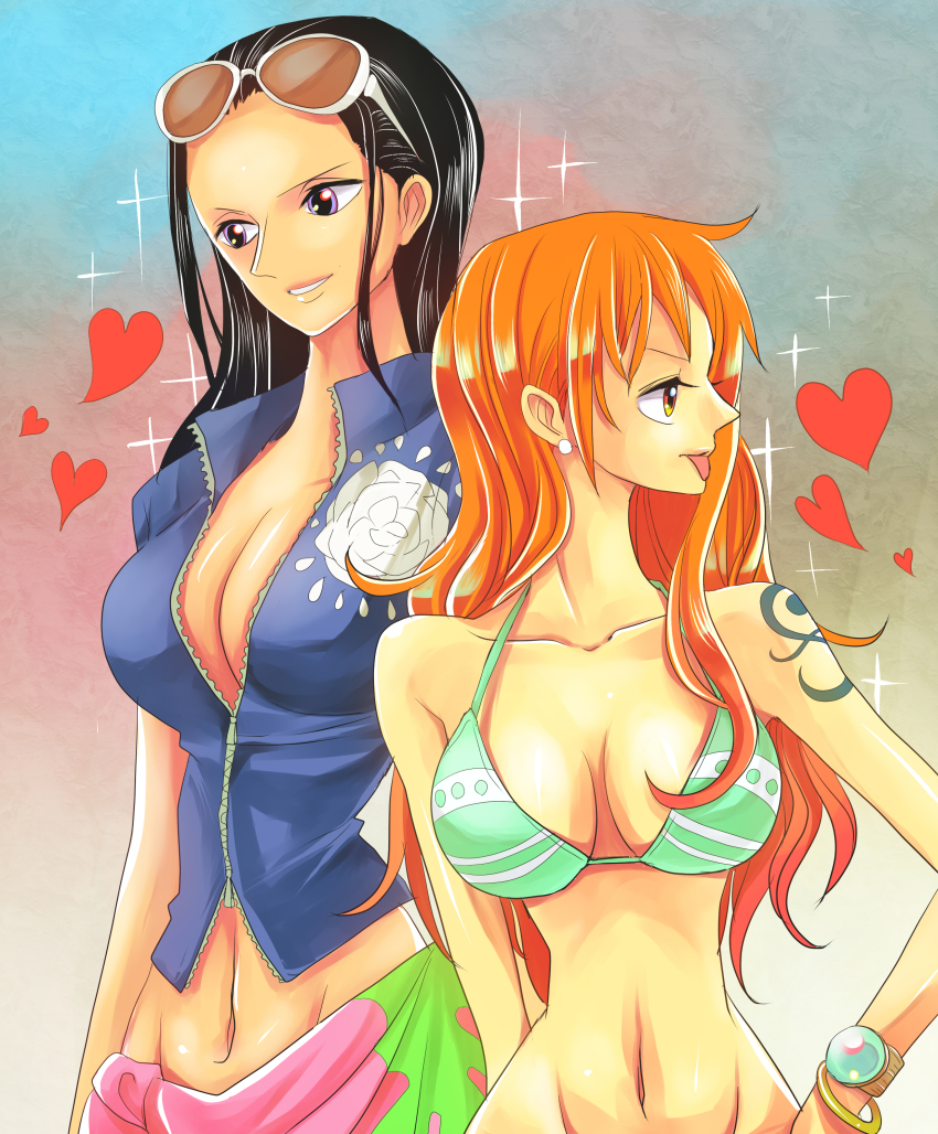 2girls :p absurdres bangle bikini bikini_top_only black_hair bracelet breasts cleavage collarbone commentary_request crop_top cropped_jacket earrings eyewear_on_head heart highres himerinco jacket jewelry large_breasts log_pose long_hair looking_to_the_side midriff multiple_girls nami_(one_piece) navel nico_robin nico_robin_(return_to_sabaody) one_piece orange_eyes orange_hair pink_sarong print_sarong purple_eyes sarong short-sleeved_jacket short_sleeves smile sparkle sunglasses swimsuit tattoo tongue tongue_out upper_body