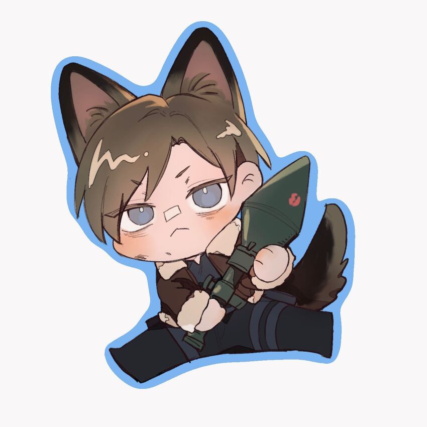 1boy :&lt; aaamber_22 animal_ears bandaid bandaid_on_face bandaid_on_nose black_pantyhose blonde_hair blue_eyes blue_shirt blush brown_jacket chibi chibi_only dog_ears dog_tail floating fur-trimmed_jacket fur_trim highres holding holding_rocket_launcher holding_weapon jacket leon_s._kennedy lipstick_mark male_focus pantyhose resident_evil resident_evil_4 rocket_launcher shirt short_hair solo tail weapon white_background