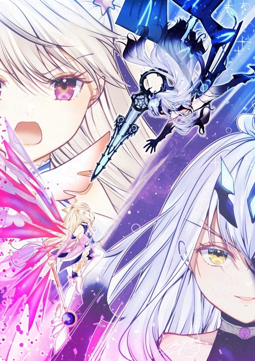 2girls ankle_wings bare_shoulders black_claws black_hair black_hands black_panties body_markings boots colored_extremities commission dragon_girl dragon_wings dress duel energy_wings fate/grand_order fate/kaleid_liner_prisma_illya fate_(series) gradient_hair gradient_skin grey_hair hair_ornament highres holding holding_wand illyasviel_von_einzbern kaleidostick kaleidostick_(zwei_form) long_hair magical_girl melusine_(fate) melusine_(third_ascension)_(fate) miyaka_(58305841) multicolored_hair multiple_girls panties pink_dress pink_sleeves prisma_illya prisma_illya_(zwei_form) red_eyes thigh_boots thighhighs underwear wand winged_boots wings yellow_eyes