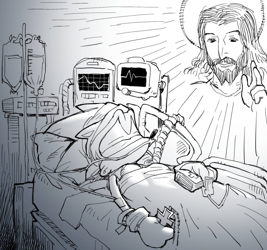 2boys animal_nose beard bed bible_(object) book cardiogram closed_eyes cross cross_necklace crossover facial_hair furry furry_male gloves greyscale halo hand_up highres holding holding_book holding_jewelry holding_necklace intravenous_drip jesus jewelry latin_cross looking_at_another male_focus medium_hair monochrome multiple_boys nasal_cannula necklace open_mouth oxygen_mask pillow short_hair sidelocks sideways_mouth sketch sonic_(series) sonic_the_hedgehog spiked_hair taikodon the_bible under_covers