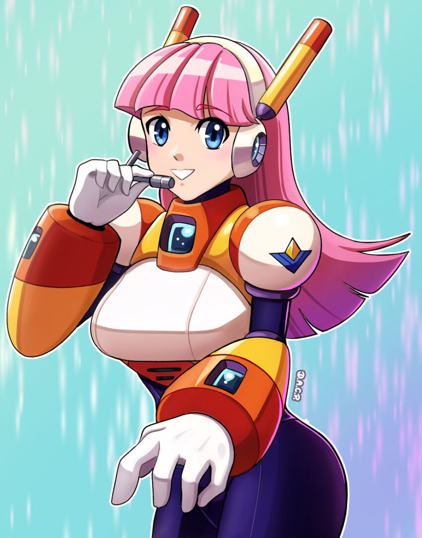 1girl blue_eyes breasts deniacp large_breasts long_hair mega_man_(series) mega_man_maverick_hunter_x mega_man_x_(series) minerva_(mega_man) pink_hair smile