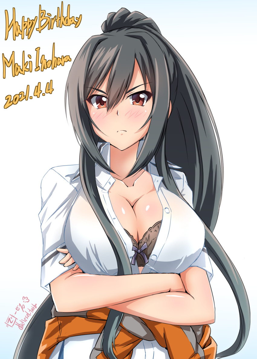 1girl artist_name birthday black_bra black_hair blush bow bow_bra bra breasts character_name cleavage closed_mouth clothes_around_waist commentary_request crossed_arms dated diesel-turbo dress_shirt english_text frown grisaia_(series) grisaia_phantom_trigger happy_birthday highres inohara_maki large_breasts long_hair looking_at_viewer partial_commentary partially_unbuttoned ponytail red_eyes school_uniform shirt short_sleeves sidelocks signature solo twitter_username underwear upper_body very_long_hair white_shirt wing_collar