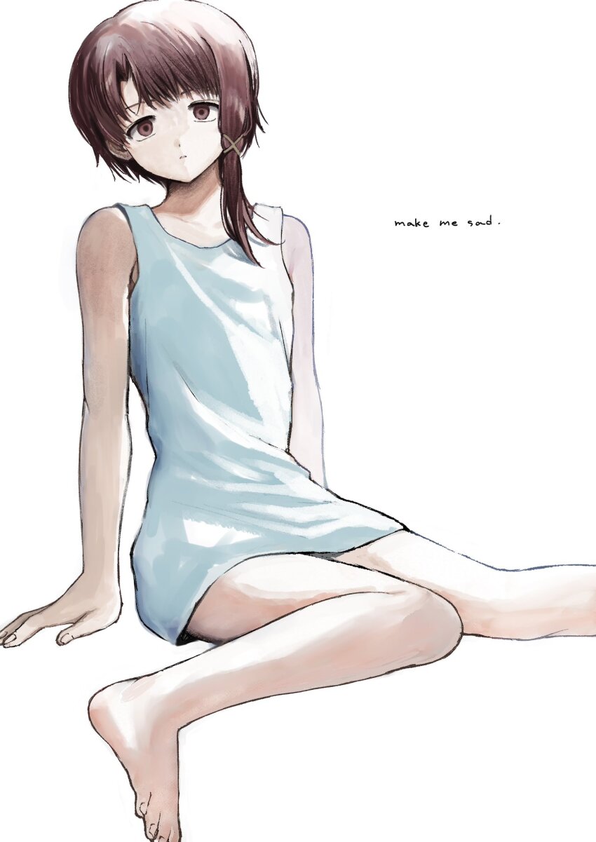 1girl arm_support bare_shoulders barefoot breasts brown_eyes brown_hair collarbone commentary dress english_text expressionless foot_out_of_frame hair_ornament hair_over_shoulder hashtag-only_commentary hato_popo_37 highres iwakura_lain looking_at_viewer parted_lips serial_experiments_lain short_dress short_hair short_hair_with_long_locks simple_background single_sidelock small_breasts solo sundress toes white_background white_dress x_hair_ornament
