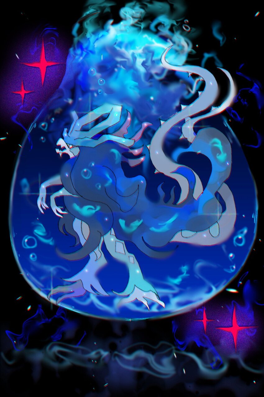 alternate_color bubble fire highres long_hair mariin_(mrn_8_8) nintendo no_humans open_mouth pokemon pokemon_(creature) shiny_pokemon solo standing star_(symbol) walking_wake water