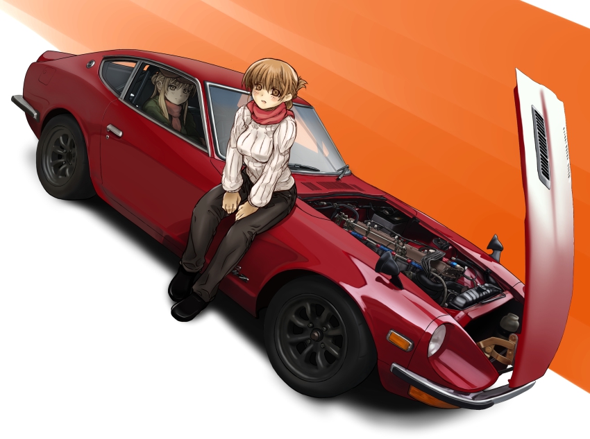 2girls bad_id bad_pixiv_id car datsun_240z dutch_angle engine folded_ponytail hat highres motor_vehicle multiple_girls nissan nissan_fairlady nissan_fairlady_z on_car on_vehicle red_scarf ribbed_sweater sabaku_no_tanuki scarf sitting sweater vehicle_focus