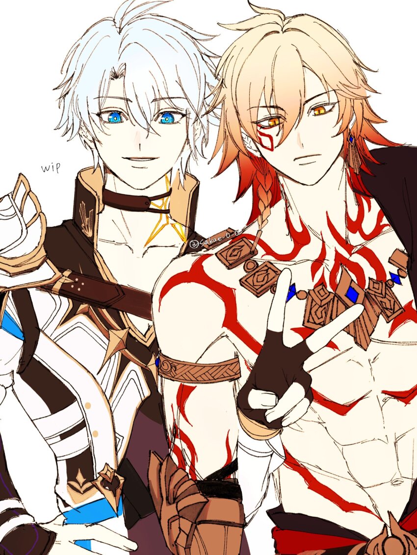 2boys abs antenna_hair arm_tattoo armlet armor bare_pectorals black_choker black_coat black_gloves black_shirt blonde_hair blue_eyes braid chest_tattoo choker coat earrings facial_tattoo fingerless_gloves gauntlets gloves gold_earrings gold_necklace gradient_hair hair_between_eyes hand_on_own_hip highres honkai:_star_rail honkai_(series) jewelry looking_at_viewer male_focus medium_hair multicolored_hair multiple_boys mydei_(honkai:_star_rail) navel neck_tattoo necklace open_clothes open_coat pauldrons pectorals phainon_(honkai:_star_rail) red_hair red_tattoo sakae_0_0 shirt short_hair shoulder_armor side_braid single_glove single_pauldron sun_symbol sun_tattoo tan tattoo toned toned_male unfinished v white_coat white_hair yellow_eyes