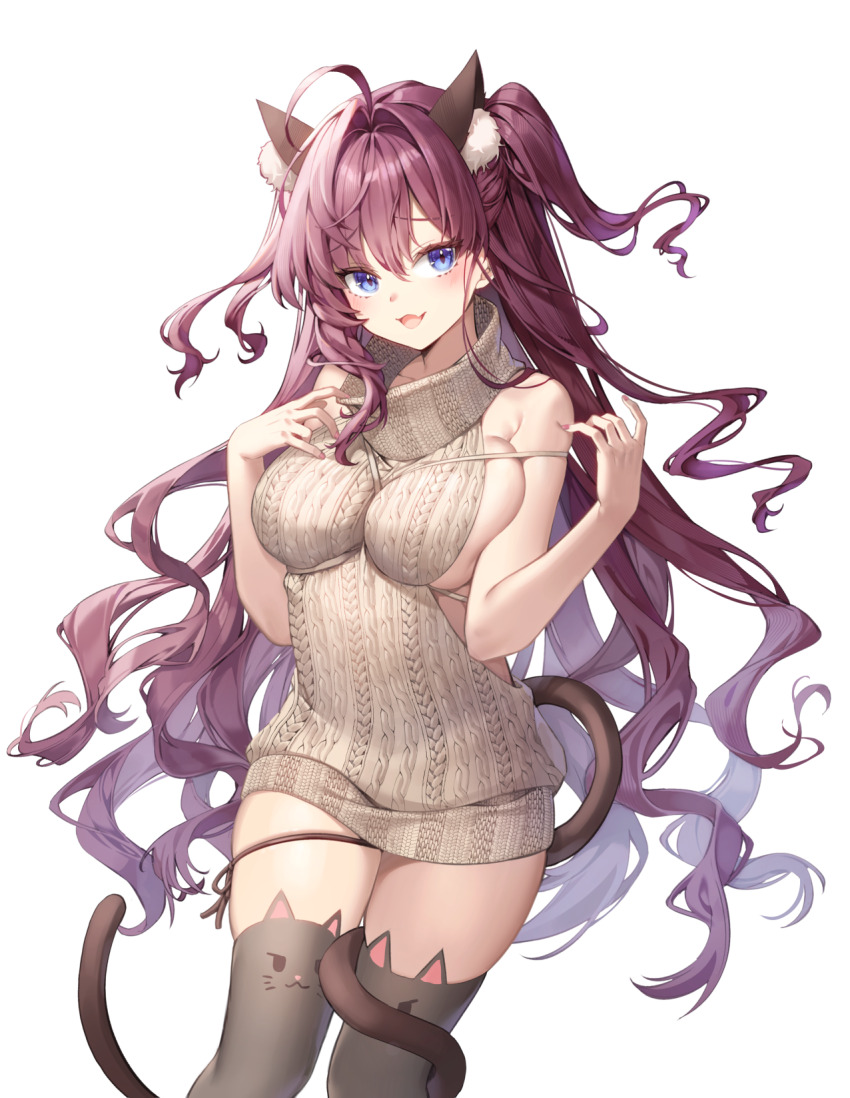 1girl ahoge aile_(crossroads) animal_ear_legwear animal_ears backless_dress backless_outfit bare_shoulders black_thighhighs blue_eyes blush bow breasts brown_hair cat_ear_legwear cat_ears cat_tail commentary_request dress highres ichinose_shiki idolmaster idolmaster_cinderella_girls large_breasts long_hair looking_at_viewer meme_attire sideboob simple_background sleeveless sleeveless_turtleneck smile solo sweater sweater_dress tail thighhighs turtleneck turtleneck_sweater virgin_killer_sweater