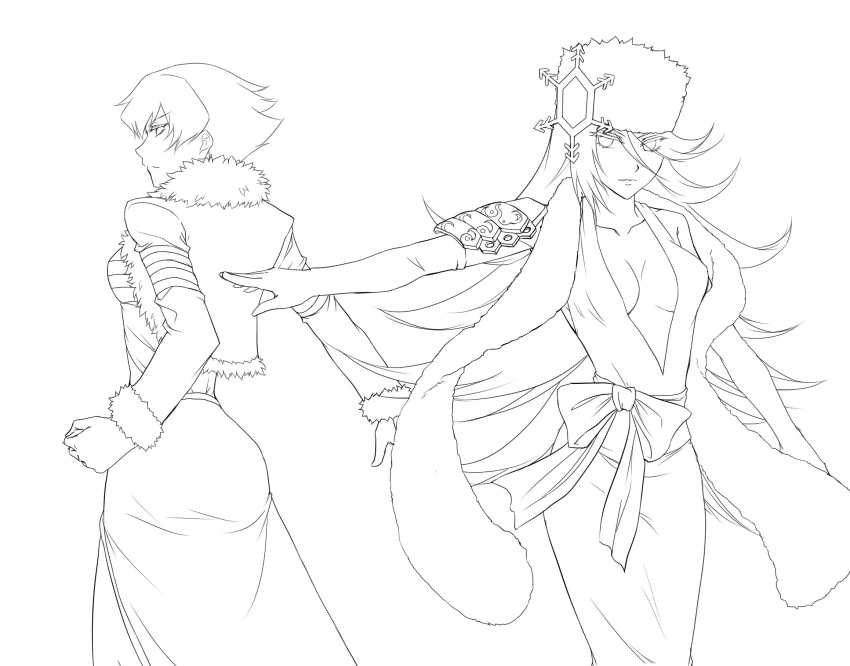 2girls banpresto bow breasts cleavage elbow_gloves gerda_miroir gloves greyscale hat highres large_breasts long_hair maythis_mark monochrome multiple_girls riyan short_hair super_robot_wars super_robot_wars_og_saga_mugen_no_frontier super_robot_wars_og_saga_mugen_no_frontier_exceed super_robot_wars_original_generation super_robot_wars_original_generation_gaiden