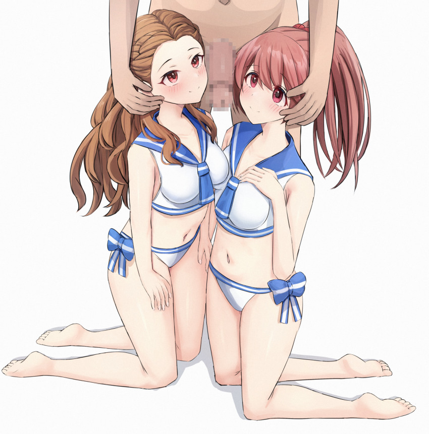 1boy 2girls barefoot bikini blue_sailor_collar blush braid brown_hair censored closed_mouth clothed_female_nude_male commentary_request ffm_threesome forehead group_sex hair_between_eyes hand_on_own_chest hetero highres idolmaster idolmaster_cinderella_girls kneeling large_variant_set legs long_hair mosaic_censoring multiple_girls navel nude penis purple_eyes red_eyes red_scrunchie sailor_bikini sailor_collar sailor_swimsuit_(idolmaster) scrunchie seki_hiromi shiina_noriko side-tie_bikini_bottom simple_background standing swimsuit tabii thighs threesome variant_set white_background