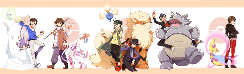 6+boys aipom ankh_(ooo) arcanine briefs carrying celebi cresselia crossover dual_persona fedora game_freak gen_1_pokemon gen_2_pokemon gen_4_pokemon gen_6_pokemon ghost hat hidari_shoutarou highres hino_eiji hood hoodie jumpluff kamen_rider kamen_rider_fourze_(series) kamen_rider_gaim_(series) kamen_rider_ooo_(series) kamen_rider_w kamen_rider_wizard_(series) kazuraba_kouta kisaragi_gentarou legendary_pokemon male_underwear multiple_boys mythical_pokemon necktie nintendo on_one_knee philip_(kamen_rider) piggyback poke_ball poke_ball_symbol pokemon pokemon_(creature) pompadour rhydon scarf smile souma_haruto standing sylveon underwear yoshino_(gunform)