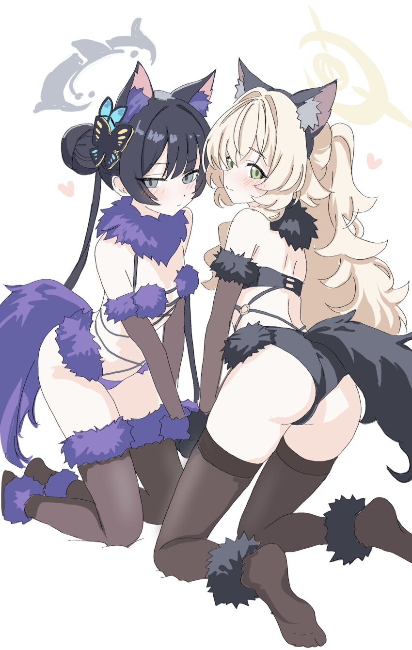2girls animal_costume animal_ear_fluff animal_ears ass bare_shoulders black_bra black_hair black_panties black_thighhighs blonde_hair blue_archive blush bra breasts closed_mouth dot_nose elbow_gloves facing_another fake_animal_ears fake_tail feet from_behind gloves green_eyes grey_eyes grey_halo hair_between_eyes hair_bun hair_ornament halloween_costume halo heart highres kamitosayu kisaki_(blue_archive) kneeling loli long_hair looking_at_viewer looking_back median_furrow multiple_girls no_shoes panties ponytail professor_niyaniya_(blue_archive) purple_bra purple_panties revealing_clothes simple_background small_breasts soles split_mouth spoken_heart tail thighhighs thighs toes underwear very_long_hair white_background wolf_costume wolf_ears wolf_tail yellow_halo zettai_ryouiki