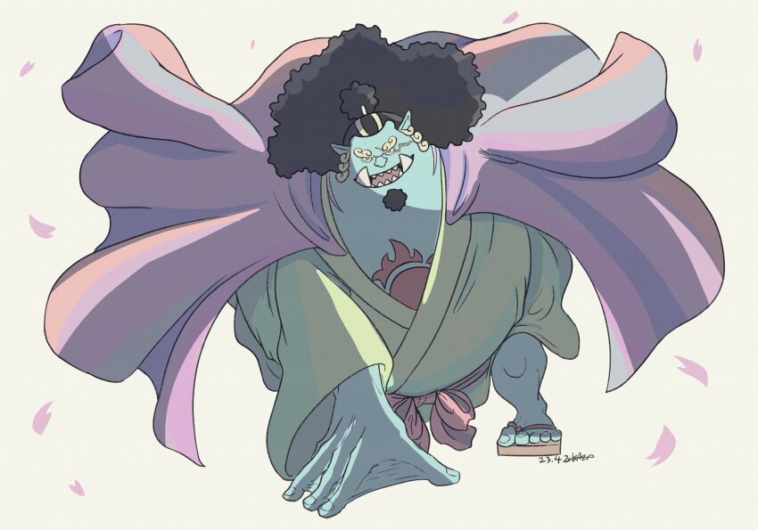 1boy black_hair blue_skin colored_skin commentary_request dated facial_hair geta goatee green_kimono half_updo highres japanese_clothes jinbe_(one_piece) kaza_op kimono looking_at_viewer male_focus one_piece pink_petals sash scar scar_on_face sharp_teeth smile solo teeth tusks