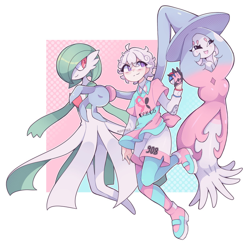 1boy 2girls artist_name bede_(pokemon) black_sclera bob_cut colored_sclera colored_skin dress gardevoir gen_3_pokemon gen_8_pokemon gloves great_ball green_hair green_skin grey_hair gym_challenge_uniform hair_over_one_eye hat hatterene highres holding holding_poke_ball miottex multicolored_skin multiple_girls nintendo open_mouth pink_eyes poke_ball pokemon pokemon_(creature) pokemon_swsh prehensile_hair purple_eyes single_glove smile two-tone_skin white_dress white_skin witch_hat