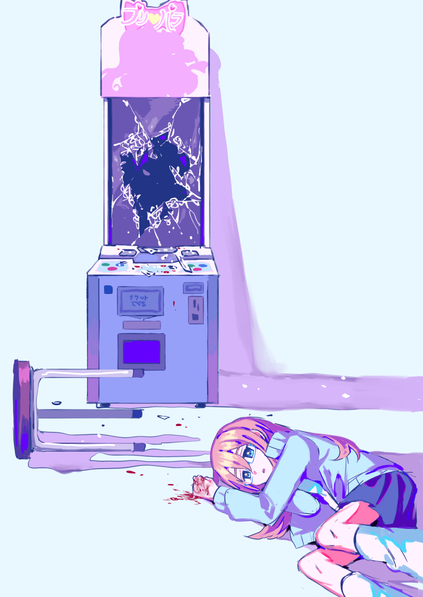 1girl absurdres arcade_cabinet blood blood_on_hands blood_splatter blue-framed_eyewear blue_eyes blue_jacket blue_skirt broken_glass broken_screen commentary_request copyright_name cracked_screen glass glass_shards hand_up highres jacket leg_warmers long_hair long_sleeves looking_at_viewer lying on_side orange_hair pretty_series pripara silhouette skirt solo stool tsujii_luki