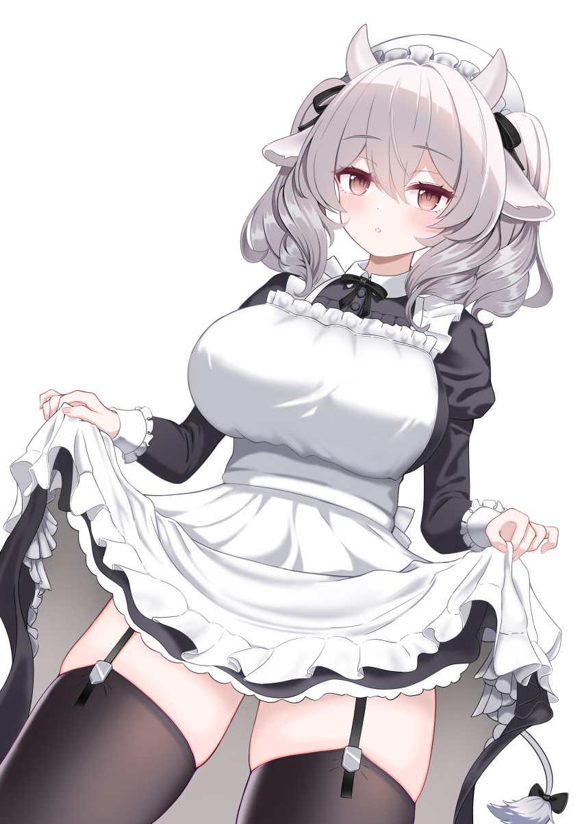 1girl absurdres animal_ears apron black_bow black_bowtie black_dress black_ribbon black_thighhighs blush bow bowtie breasts brown_eyes clothes_lift collared_dress cow_ears cow_girl cow_horns cow_tail cowboy_shot cunzhengweiweilin dress dress_lift dutch_angle frilled_apron frills garter_straps grey_hair hair_between_eyes hair_ribbon hat highres horns juliet_sleeves large_breasts lifting_own_clothes long_sleeves looking_at_viewer maid maid_apron maid_headdress medium_hair milltina_(vrchat) parted_lips puffy_sleeves ribbon simple_background skindentation skirt skirt_hold solo tail tail_bow tail_ornament thighhighs thighs twintails vrchat white_apron white_background white_hair zettai_ryouiki