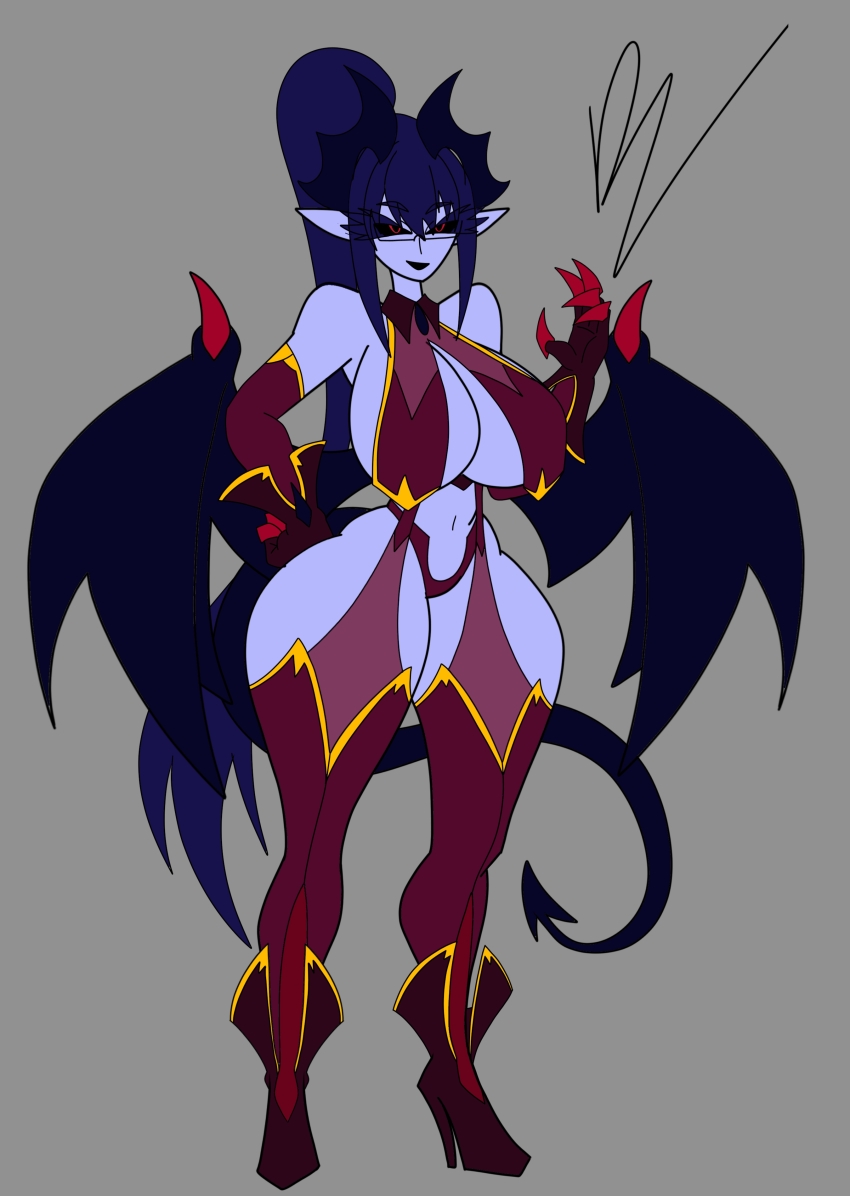 absurdres black_sclera blue_skin breasts colored_sclera colored_skin demon_(monster_girl_encyclopedia) demon_girl demon_horns demon_tail demon_wings glasses high_ponytail highres horns large_breasts monster_girl_encyclopedia monster_girl_encyclopedia_ii narrow_waist pointy_ears ponytail purple_hair red_eyes revealing_clothes tail thighhighs wide_hips wings