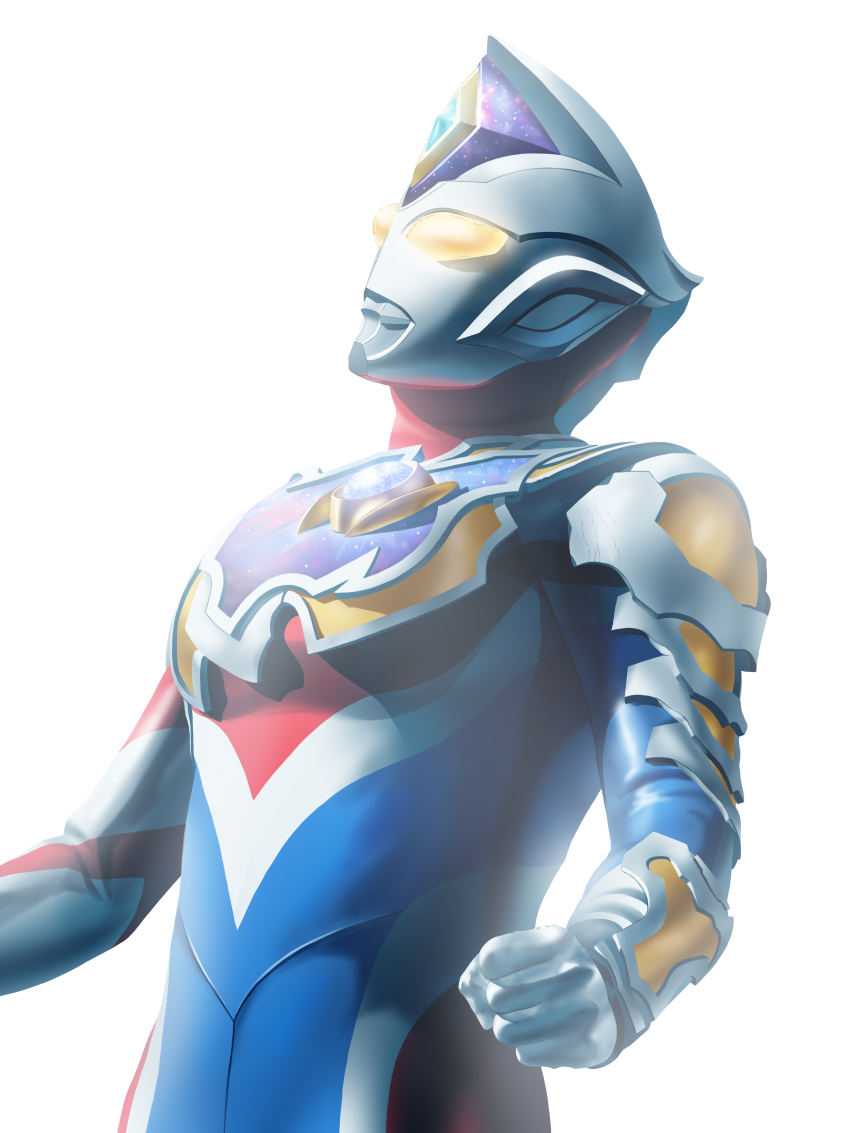1boy absurdres alien armor asymmetrical_arms blue_gemstone blue_skin breastplate clenched_hand color_timer colored_skin commentary compound_eyes crystal dorsal_fin forehead_jewel gem glowing glowing_eyes gold_vambraces highres looking_up male_focus multicolored_skin muscular muscular_male overexposure pectorals red_skin silver_skin silver_trim simple_background single_vambrace solo standing tokusatsu ultra_series ultraman_decker ultraman_decker_(flash_type) ultraman_decker_(series) upper_body vambraces white_background wrinkled_skin yellow_eyes yoshifuto