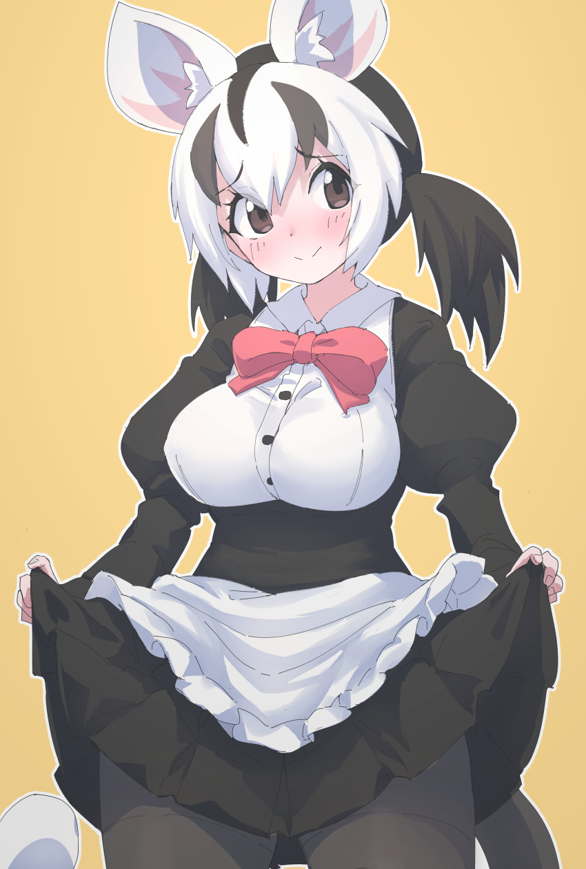 1girl absurdres apron black_dress black_hair black_pantyhose blush bow bowtie brown_eyes brown_hair clothes_lift collared_dress cowboy_shot dress dress_lift hair_between_eyes highres juliet_sleeves kemono_friends long_sleeves looking_to_the_side lowlandgorilla multicolored_hair orange_background pantyhose possum_ears possum_girl possum_tail puffy_sleeves red_bow red_bowtie short_hair short_twintails sidelocks smile solo twintails two-tone_dress white-eared_opossum_(kemono_friends) white_apron white_dress white_hair