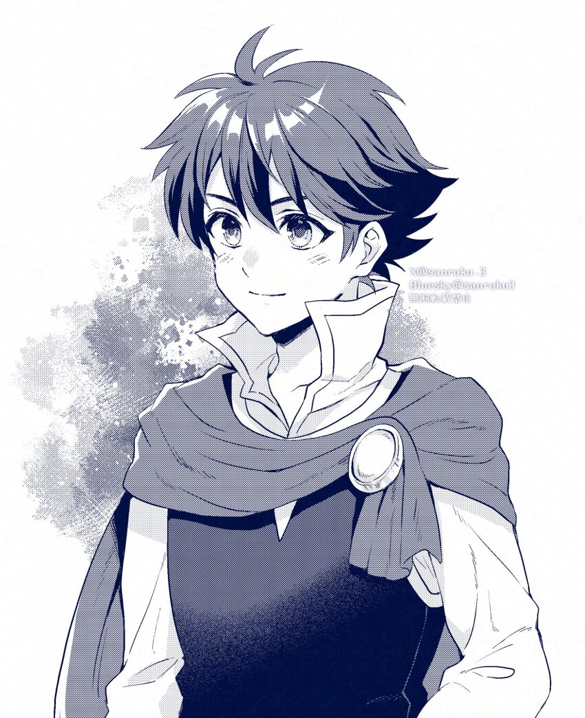 1boy bartz_klauser brooch cape closed_mouth final_fantasy final_fantasy_v hair_between_eyes highres jewelry light_blush light_smile long_sleeves male_focus monochrome popped_collar sanroku_3 shirt short_hair solo tunic twitter_username upper_body white_background white_shirt