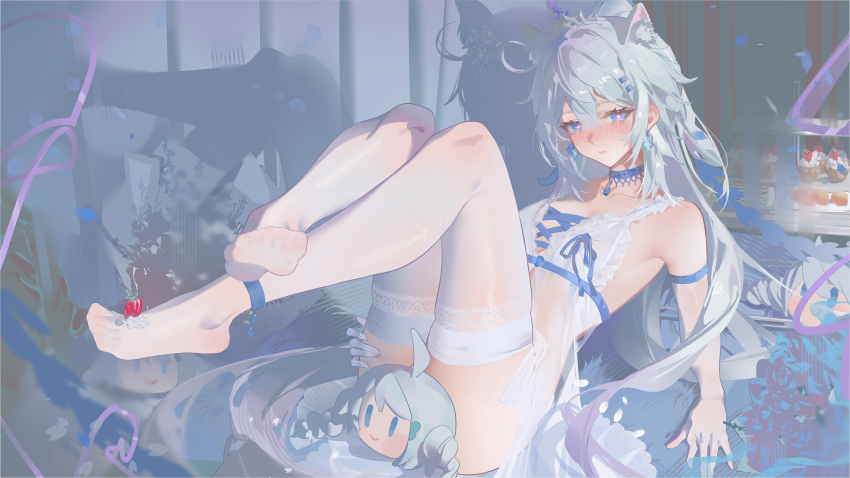 1girl absurdres alternate_costume animal_ears armpits ass babydoll bilingual_text blue_eyes blush breasts cake cat_ears comet-c doll food gloves highres honkai_(series) honkai_impact_3rd kiana_kaslana kiana_kaslana_(herrscher_of_finality) legs_up long_hair medium_breasts mixed-language_text no_shoes solo star-shaped_pupils star_(symbol) symbol-shaped_pupils thighhighs toes underwear white_babydoll white_gloves white_hair white_thighhighs