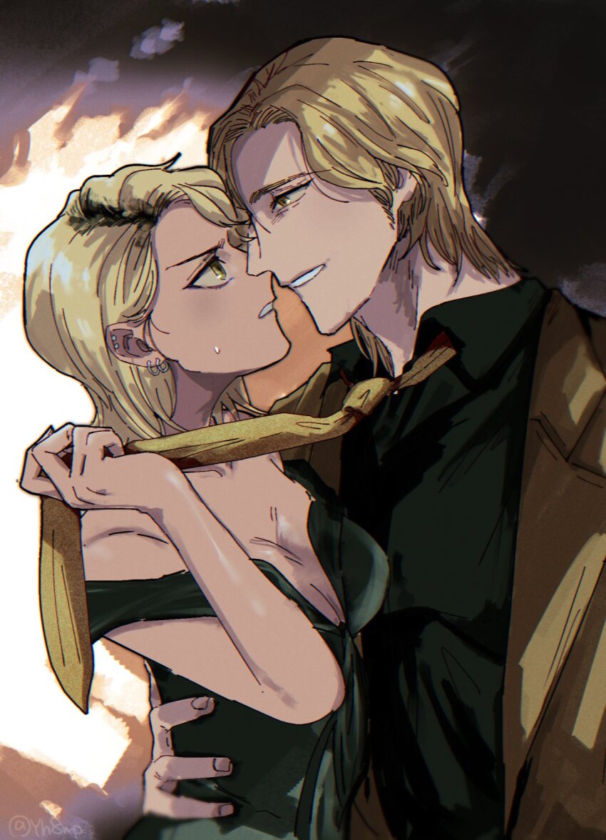1boy 1girl animification artist_request blonde_hair dress earrings highres jewelry marvel marvel_cinematic_universe sentry_(marvel) shirt short_hair simple_background smile thunderbolts_(movie) yelena_belova yellow_eyes