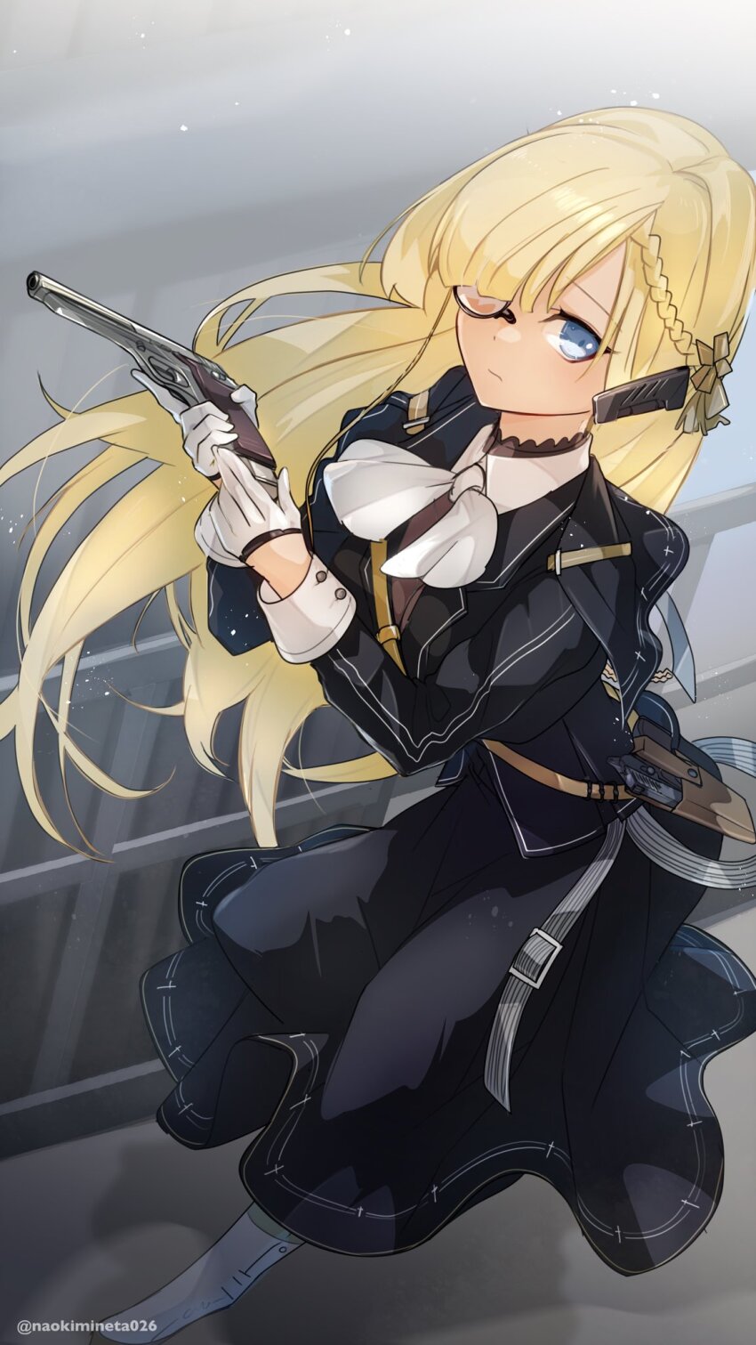 1girl black_dress blue_eyes braid cz52_(girls&#039;_frontline) cz_52 dress expressionless french_braid full_body girls&#039;_frontline gloves gun hair_over_one_eye half_gloves handgun highres holding holding_gun holding_weapon long_hair looking_at_viewer mineta_naoki monocle reloading solo twitter_username weapon white_gloves