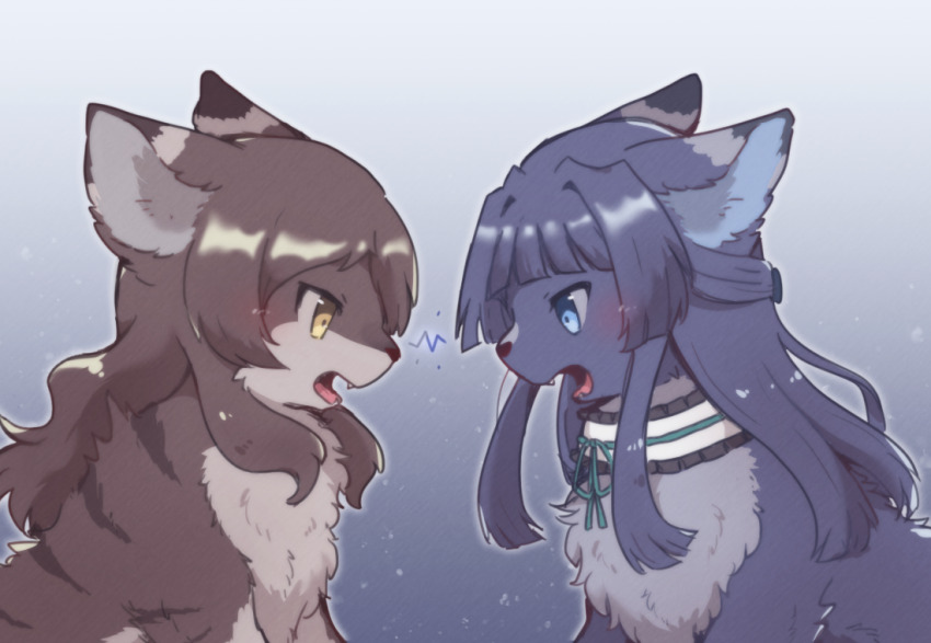 animal_ear_fluff animal_focus animalization black_fur black_hair blue_eyes brown_eyes brown_fur brown_hair eye_contact faceoff fangs from_side gradient_background haneko0216 idolmaster idolmaster_million_live! kitazawa_shiho long_hair looking_at_another mogami_shizuka no_humans open_mouth