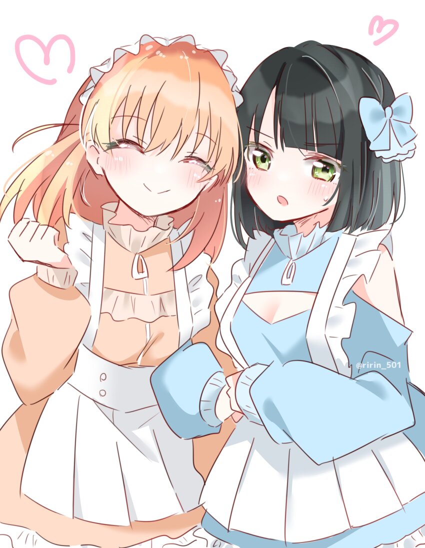 2girls :o ^_^ absurdres bare_shoulders blue_bow blue_dress blush bow breasts cerise_bouquet cleavage cleavage_cutout closed_eyes closed_mouth clothing_cutout cosplay cowboy_shot dress facing_viewer frilled_dress frills green_eyes hair_bow heart highres hinoshita_kaho link!_like!_love_live! locked_arms looking_at_viewer love_live! love_live!_nijigasaki_high_school_idol_club medium_breasts momose_ginko multiple_girls open_mouth orange_dress osaka_shizuku osaka_shizuku_(cosplay) ririn_(ririn_501) short_dress shoulder_cutout simple_background smile split_mouth sweatdrop twitter_username v-shaped_eyebrows white_background