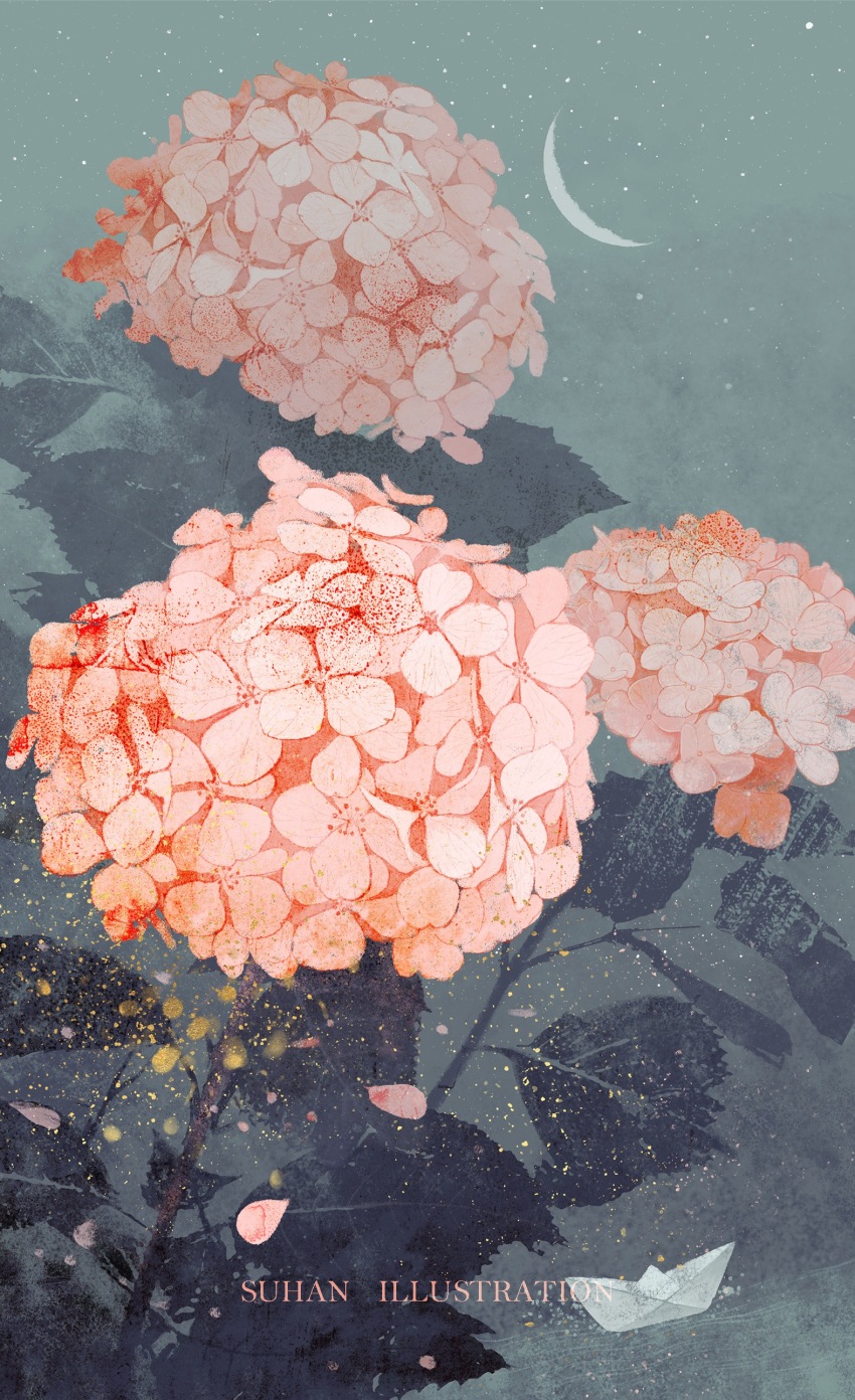 absurdres artist_name bug crescent_moon english_text firefly flower flower_focus highres hydrangea insect leaf moon night no_humans original outdoors paper_boat pink_flower scenery star_(sky) suhan