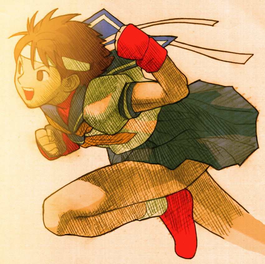 1girl :d arm_up bengus blue_sailor_collar brown_eyes brown_hair capcom clenched_hands facing_to_the_side fighting_stance fingerless_gloves game_cg gloves headband highres kasugano_sakura leg_up marvel marvel_vs._capcom marvel_vs._capcom_2 non-web_source official_art open_mouth red_undershirt sailor_collar sailor_crest scan school_uniform serafuku shoes short_hair sidelighting simple_background skirt smile solo street_fighter undershirt white_headband