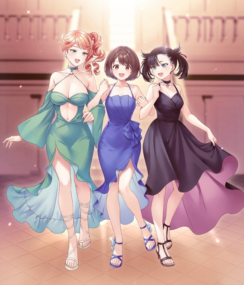 3girls :d absurdres alternate_costume bare_shoulders black_choker black_hair breasts brown_eyes brown_hair choker cleavage clothing_cutout commission dress e_(eokiba) evening_gown full_body gloria_(pokemon) green_eyes high_heel_sandals high_heels highres large_breasts locked_arms marnie_(pokemon) medium_breasts medium_hair multiple_girls navel_cutout nintendo open_mouth orange_hair pokemon pokemon_swsh sandals short_hair side_ponytail skeb_commission skirt_hold smile sonia_(pokemon) twintails