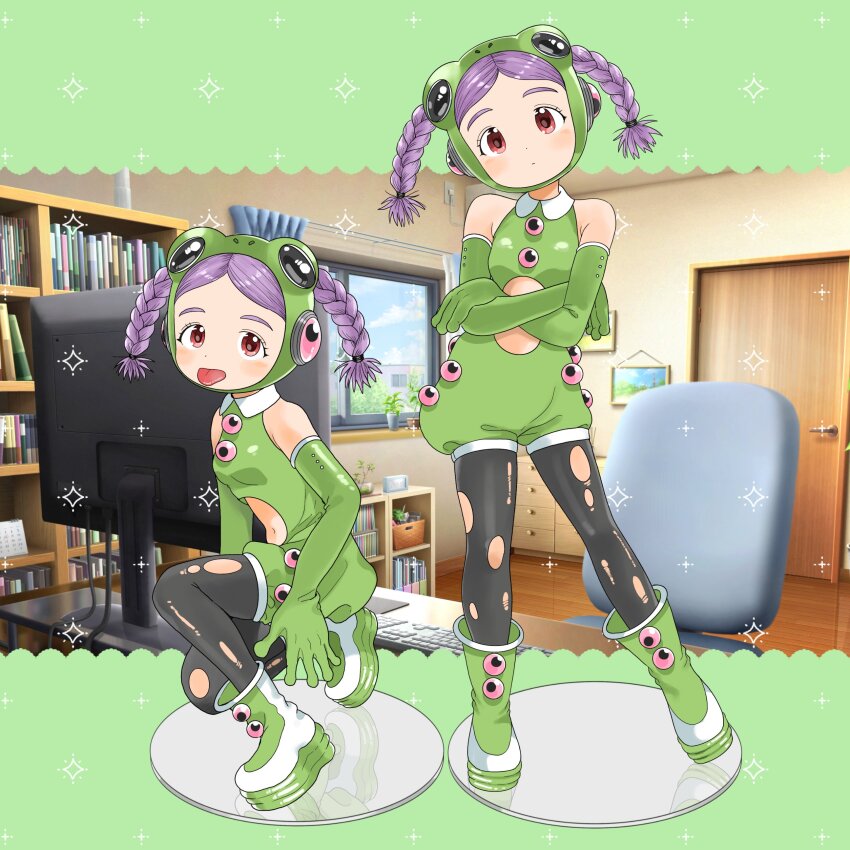 1girl 3d_background absurdres animal_costume bare_shoulders blush boots braid breasts closed_mouth clothing_cutout collar detached_sleeves dot_mouth dot_nose figure figure_stand frog_costume frog_headband full_body green_boots green_sleeves head_tilt high_twin_braids highres kneeling looking_at_viewer multiple_views nagomurasan navel navel_cutout on_one_knee original purple_hair red_eyes short_hair small_breasts solo standing tongue tongue_out twin_braids white_collar