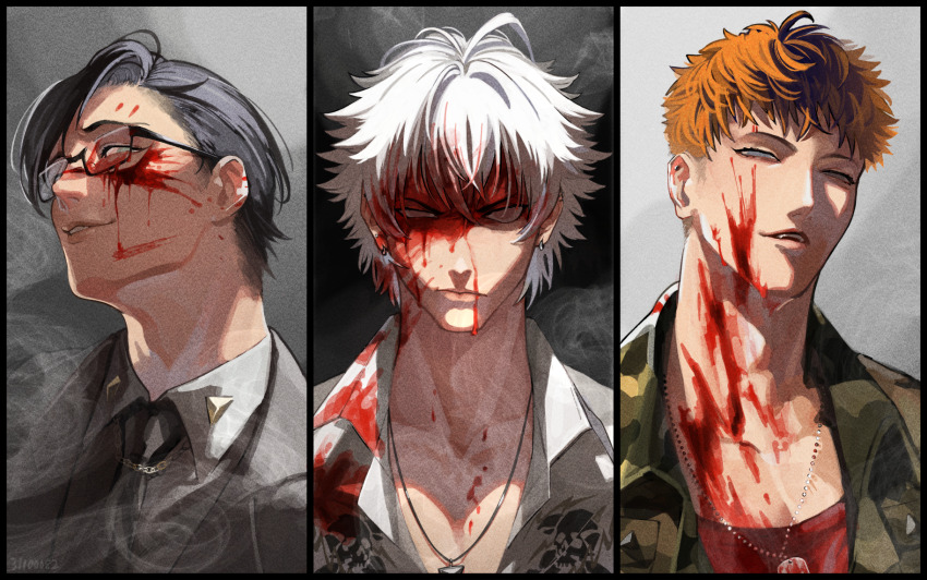 3boys ahoge aohitsugi_samatoki asymmetrical_bangs black-framed_eyewear black_border black_hair black_necktie blood blood_in_hair blood_on_cheek blood_on_chest blood_on_clothes blood_on_eyewear blood_on_face blue_eyes border busujima_rio_mason camouflage camouflage_jacket camouflage_shirt chain collarbone collared_shirt crossed_bangs curtained_hair dog_tags ear_piercing earrings film_grain furrowed_brow glasses grey_background hair_between_eyes highres hypnosis_mic iruma_jyuto jacket jewelry mad_trigger_crew male_focus messy_hair multiple_boys multiple_earrings narrowed_eyes necktie open_collar orange_hair parted_lips partially_unbuttoned pectoral_cleavage pectorals pegxvpve8 piercing red_shirt scowl shirt short_hair skull_print smirk smoke suit_jacket undercut uneven_eyes v-shaped_eyebrows very_short_hair white_shirt
