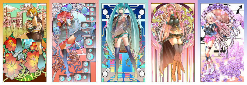 5girls absurdres aqua_eyes aqua_hair art_nouveau blonde_hair boots crossover drill_hair flower hatsune_miku highres ia_(vocaloid) kagamine_rin kasane_teto kasane_teto_(utau) long_hair long_image looking_at_viewer megurine_luka multiple_girls navel necktie panties pink_hair puu_maru red_eyes red_hair short_hair skirt smile striped_clothes striped_panties thighhighs twin_drills twintails underwear utau very_long_hair vocaloid wide_image