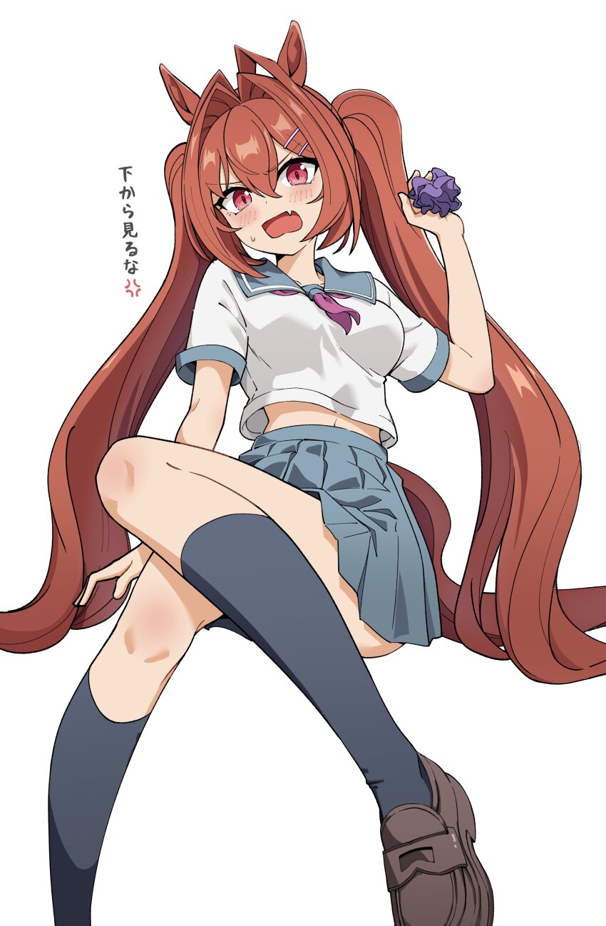 1girl absurdres animal_ears brown_hair commentary_request daiwa_scarlet_(umamusume) fang grey_sailor_collar grey_skirt grey_socks hair_intakes hashtag-only_commentary highres holding_scrunchie horse_ears horse_girl horse_tail kousaka_kirino&#039;s_school_uniform long_hair neckerchief ore_no_imouto_ga_konna_ni_kawaii_wake_ga_nai oxymoron_0213 purple_neckerchief red_eyes sailor_collar sailor_shirt school_uniform scrunchie serafuku shirt sitting skirt socks solo tail translation_request twintails umamusume unworn_scrunchie very_long_hair white_shirt