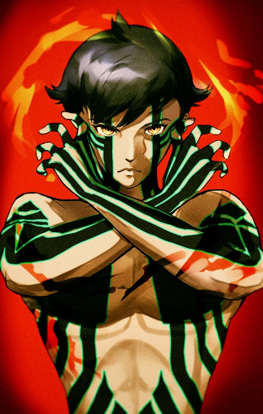1boy abs arms_up black_hair body_markings closed_mouth crossed_arms demi-fiend dianna18024429 hashtag-only_commentary highres looking_at_viewer male_focus megami_tensei pectorals shin_megami_tensei shin_megami_tensei_iii:_nocturne short_hair solo straight-on toned toned_male yellow_eyes