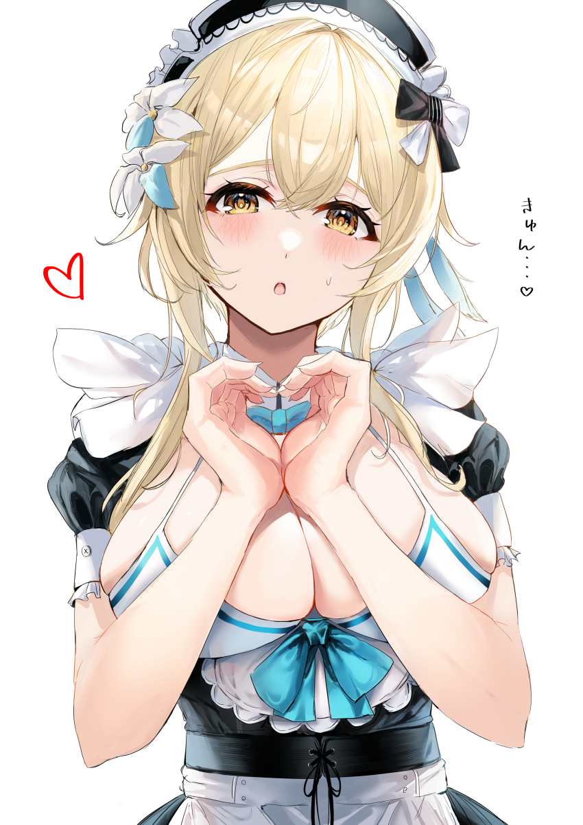 1girl :o absurdres apron blonde_hair blush bow breasts cleavage enma_daio flower frills genshin_impact hair_between_eyes hair_flower hair_ornament heart heart_hands highres large_breasts looking_at_viewer lumine_(genshin_impact) maid maid_apron maid_headdress open_mouth puffy_sleeves ribbon short_hair_with_long_locks simple_background solo upper_body waist_apron white_background yellow_eyes